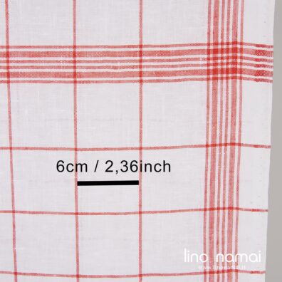 Lininis rankšluostinis languotas audinys iš ryškiai baltų ir raudonų verpalų