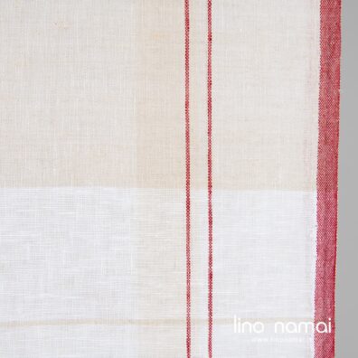 Lininis audinys pilkomis, raudonomis juostomis virtuvės rankšluostukams siūti