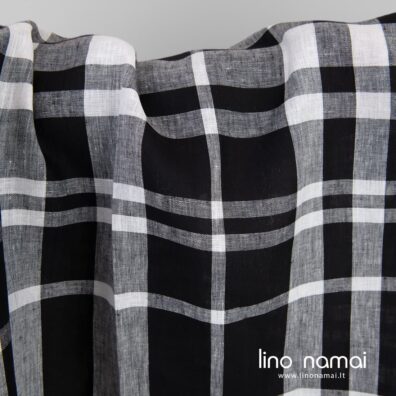 Lino audinys juodais langeliais tinka drabužiams ir namų tekstilės gaminiams siūti