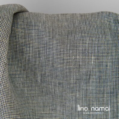 Lininis audinys iš juodų, šviesiai geltonų ir baltų verpalų