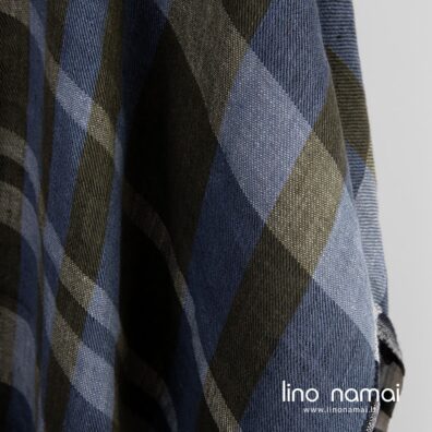 Lininis audinys mėlynai-žaliai languotas skalbtas drabužiams, šalikams, namų tekstilei siūti