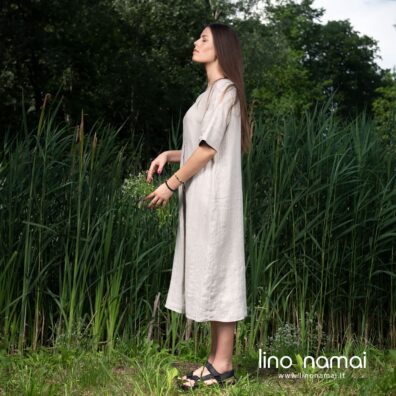 Lininė pilka suknelė trumpomis rankovėmis