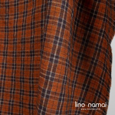 Lino-vilnos audinys oranžinis languotas skalbtas tinka drabužiams ir namų tekstilei siūti