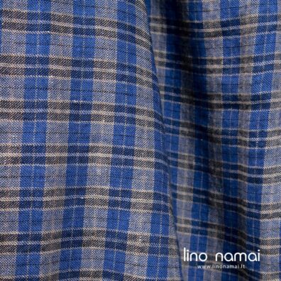 Lino-vilnos audinys mėlynai languotas skalbtas tinka drabužiams, šalikams, skaroms siūti