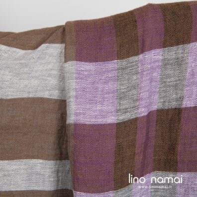 Lininis audinys violetinėmis, rudomis juostomis skalbtas minkštas švelnus