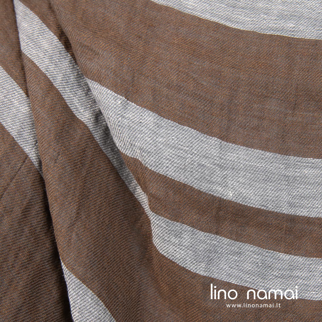 Lininis audinys violetinėmis, rudomis juostomis skalbtas minkštas švelnus drabužiams ir namų tekstilei siūti