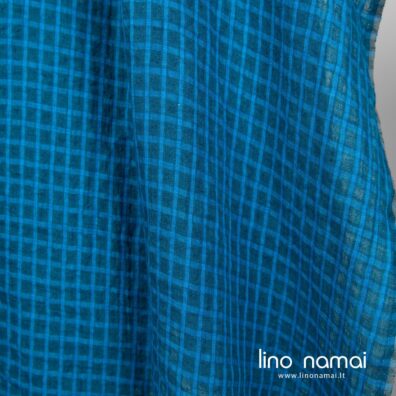 Lininis audinys permatomais turkio ir mėlynos spalvos langeliais skalbtas tinka lengviems drabužiams ir namų tekstilei siūti