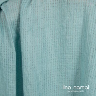 Lininis audinys melsvai žalsvas permatomais langeliais skalbtas minkštas švelnus