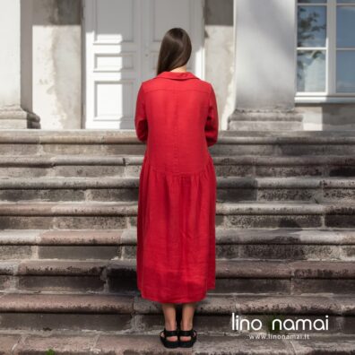 Lininė ilga raudona suknelė su dauliu paraukimu nugaroje