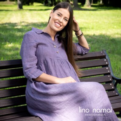 Violetinė lininė suknelė 3/4 rankovėmis