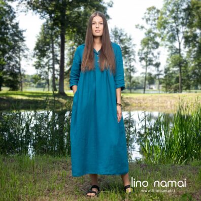 Ilga laisva platėjančio silueto turkio spalvos lininė suknelė