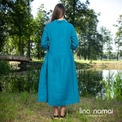 Lininė turkio spalvos suknelė, nugaros pusė