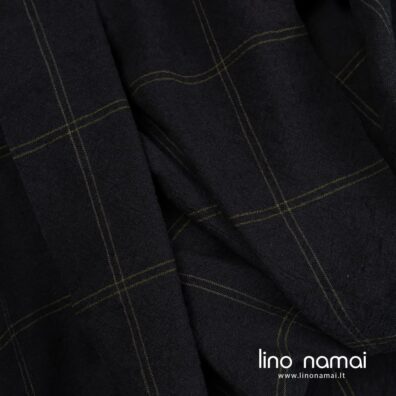 Puslininis audinys juodai-žaliai languotas platus skalbtas tinka drabužiams ir namų tekstilei siūti