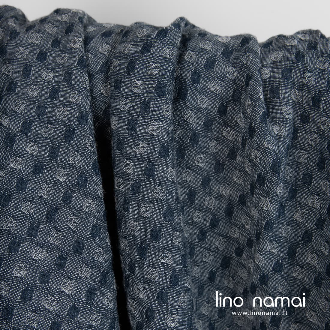 Lino-vilnos audinys mėlynai juodas raštuotas skalbtas minkštas švelnus