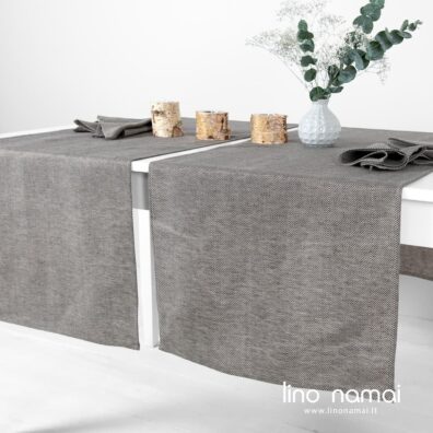 Lino - medvilnės sudėties pilkas raštuotas stalo takelis