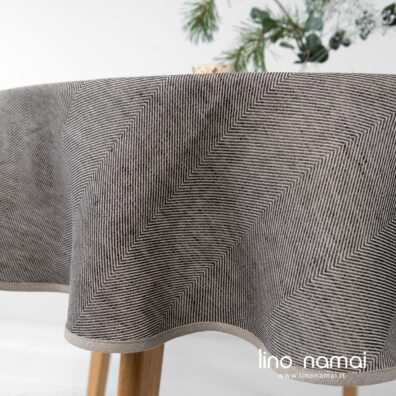 Lino - medvilnės apvalios (ovalios) staltiesės audinys išaustas „eglutės“ raštu iš pilkšvai rusvų ir tamsiai pilkų verpalų