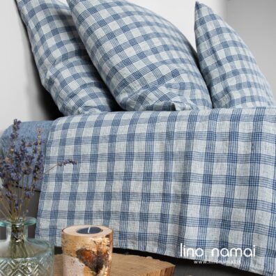 Lininis patalynės komplektas mėlynai-gelsvai languotas