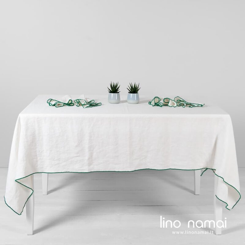 Pieno baltumo lino staltiesė ry&scaron;kiai žaliu kra&scaron;teliu