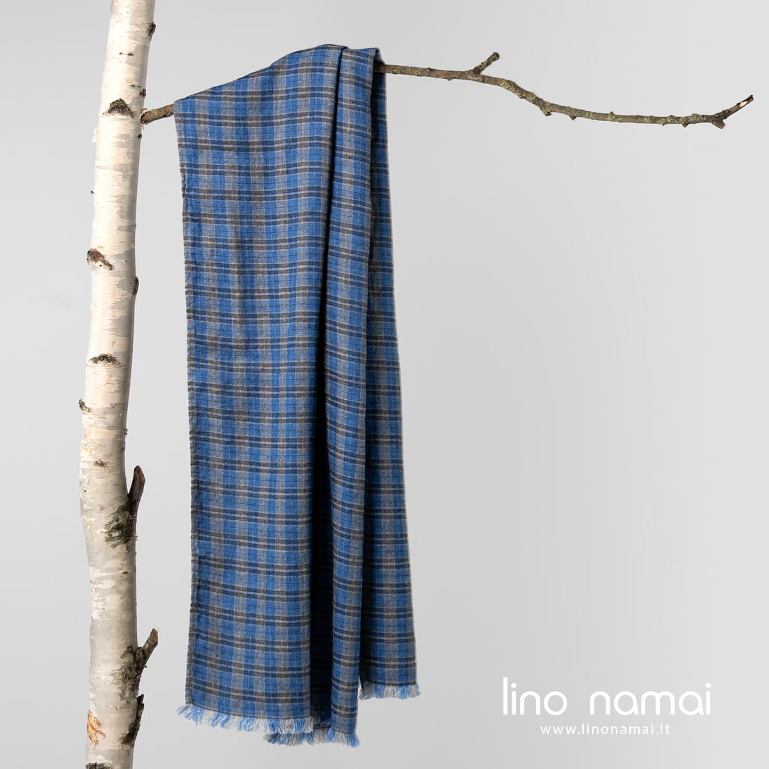 Lino - vilnos šalikas mėlynais langeliais - jauki dovana šv. Kalėdoms