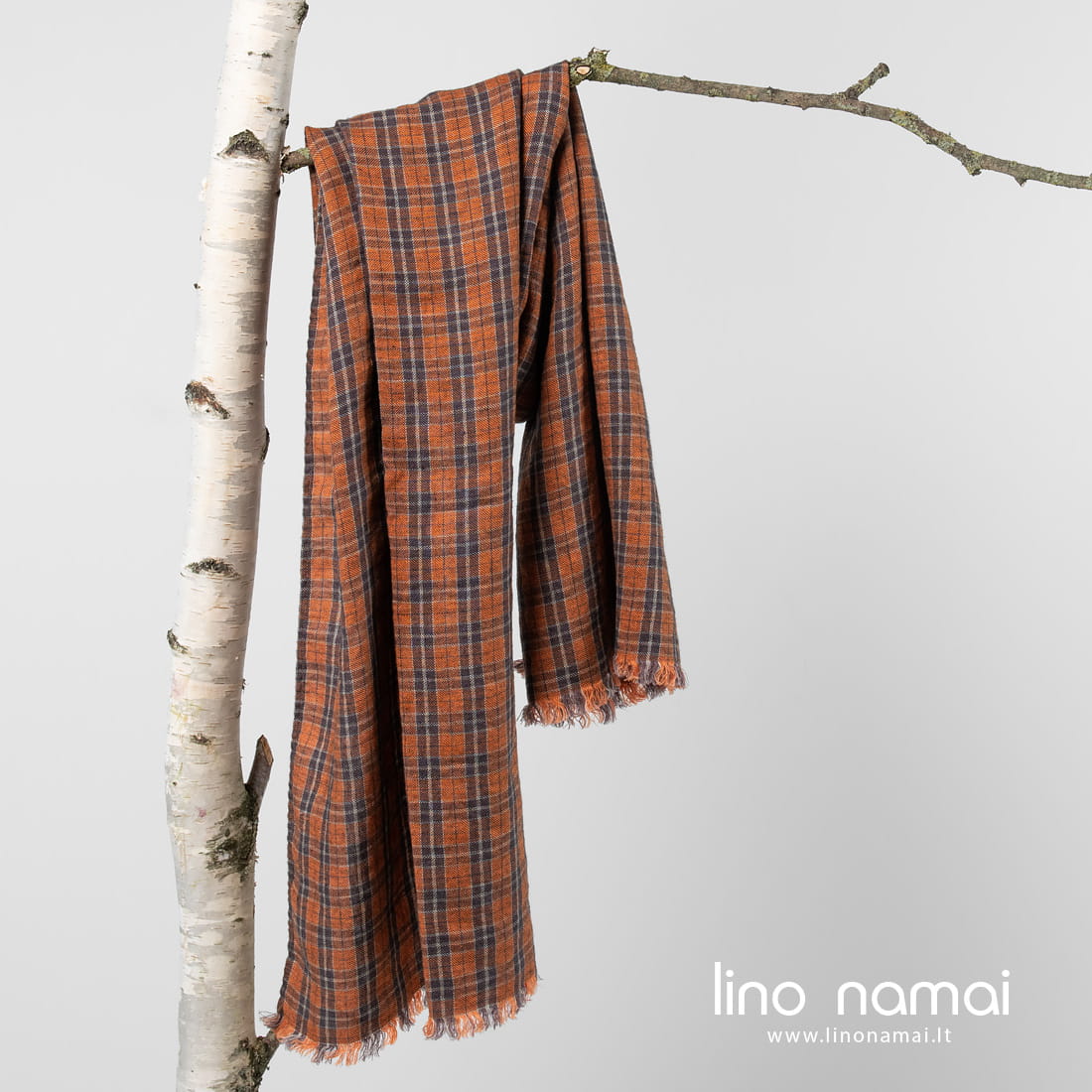 Lino - vilnos šalikas rudais langeliais - šildanti dovana šv. Kalėdoms