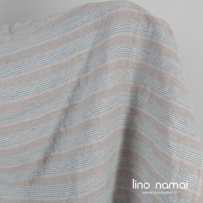 Lininis audinys pilkai-melsvai dryžuotas skalbtas tinka drabužiams ir namų tekstilei siūti