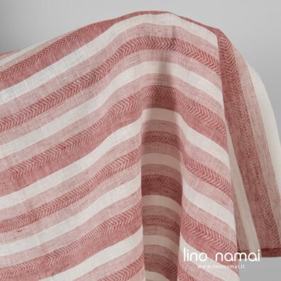 Lininis audinys raudonai baltas raštuotas tinka drabužiams ir namų tekstilei siūti