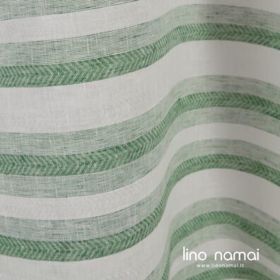 Raštuotas lino audinys iš žalių ir ryškiai baltų verpalų