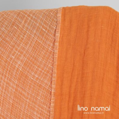 Lininis audinys oranžinis languotas dvipusis skalbtas minkštas švelnus