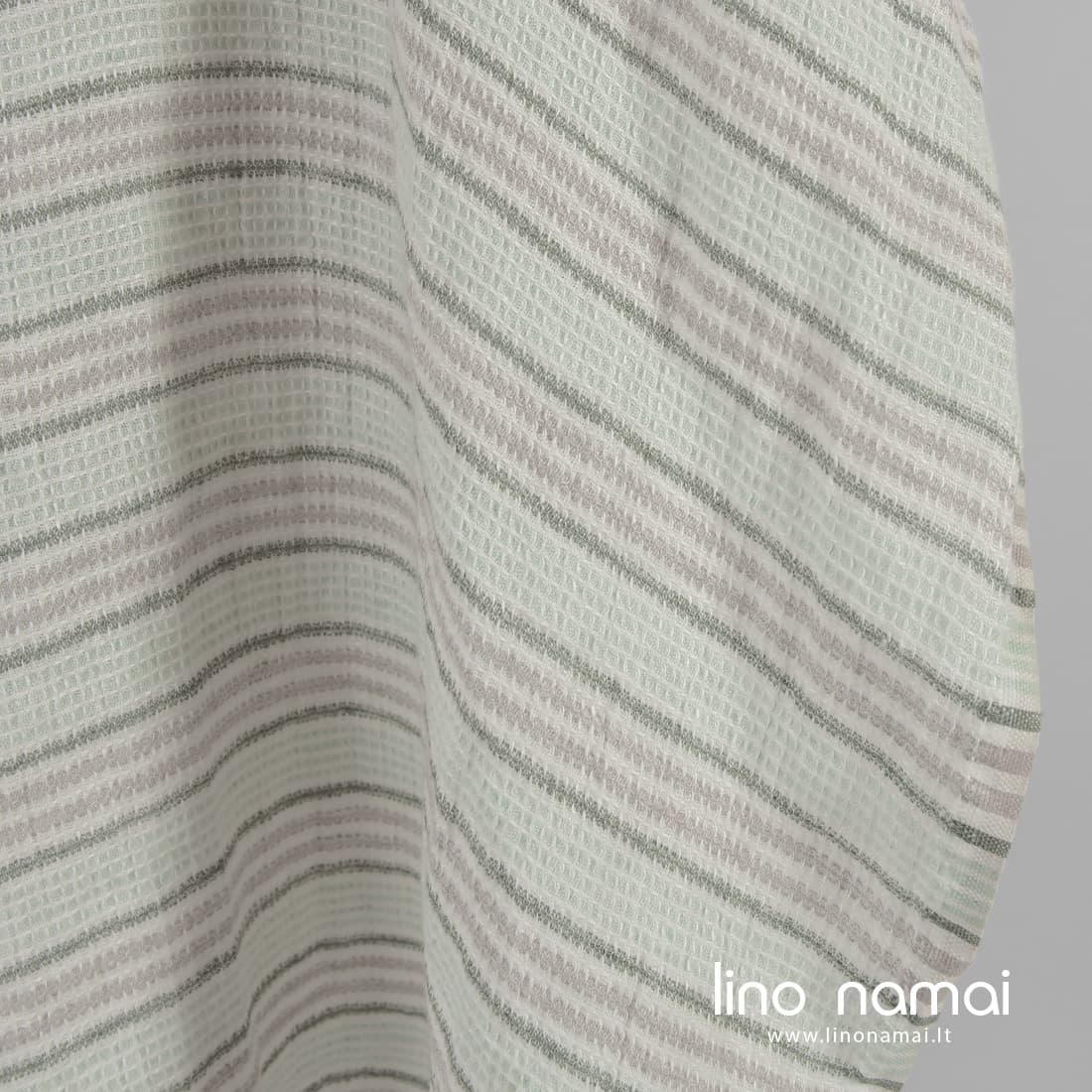 Lininis audinys „vaflinis“ žalsvai dryžuotas skalbtas tinka vonios, saunos, virtuvės rankšluosčiams ir chalatams siūti