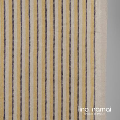 Rusvas lino audinys geltonais ir tamsiai mėlynais vertikaliais dryžiais