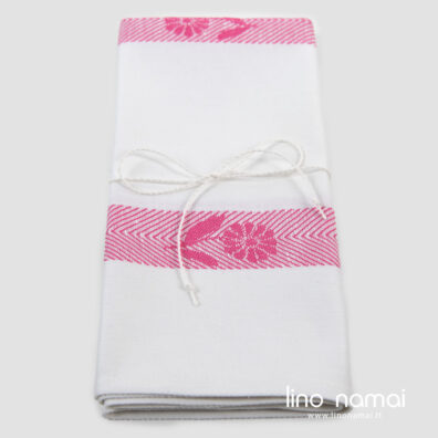 Puslininis virtuvės rankšluostis žakardas, rožinės gėlytės.