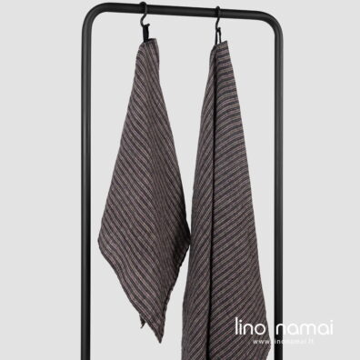 Lininis rankšluostis rudais dryžiais, vaflinis pynimas.