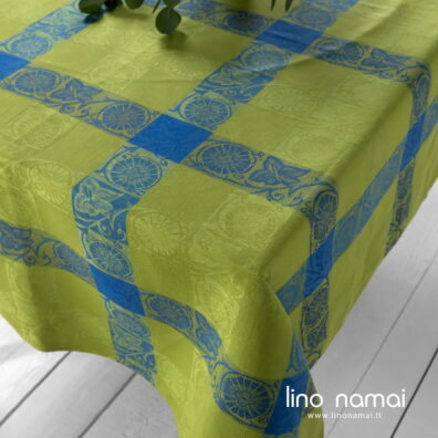 Lino medvilnės staltiesė žakardinė žalia mėlyna.