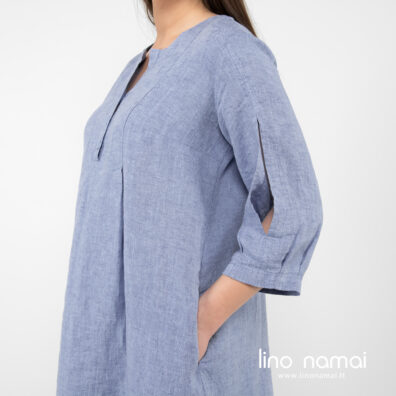 Lininė suknelė su kiauromis rankovėmis, skalbta.