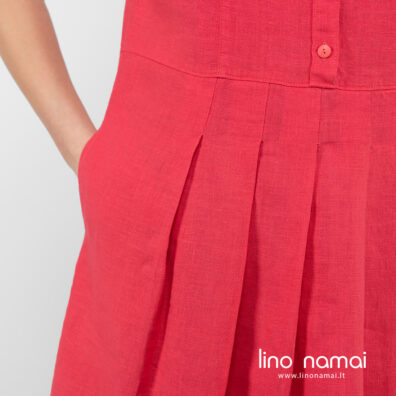 Lininė avietinė suknelė su klostėmis ir kišenėmis.