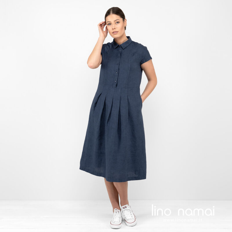 Lininė tamsiai mėlyna suknelė.