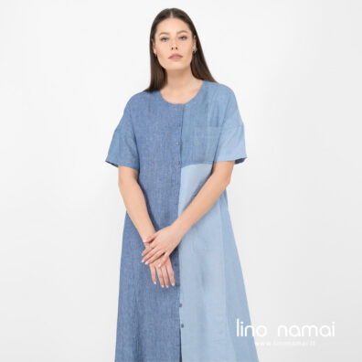 Lininė melsva ilga suknelė trumpom rankovėm.