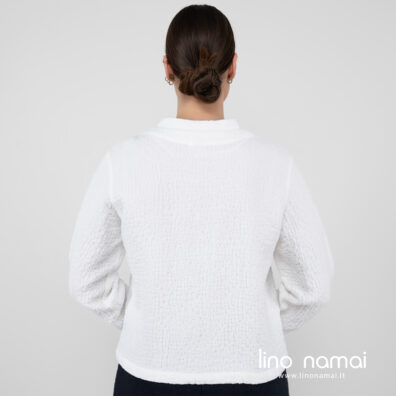 Lininis baltas bomber švarkelis iš nugaros.