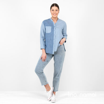 Lininė žydra palaidinė visu ūgiu.