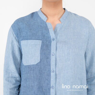 Lininė žydra palaidinė susegimas priekyje, kišenė.