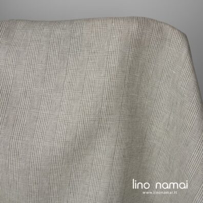 Lininis audinys smėlio spalvos ir žaliais langeliais tinka drabužiams ir namų tekstilei siūti