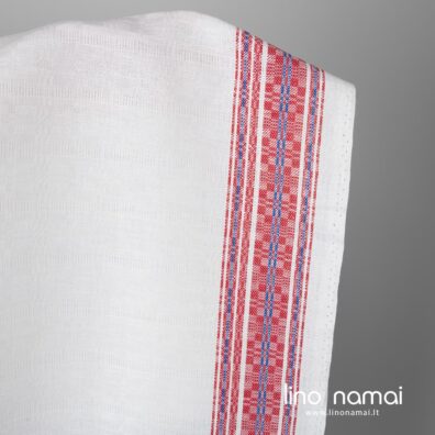 Lino - medvilnės audinys baltas su raudonai mėlynomis juostomis
