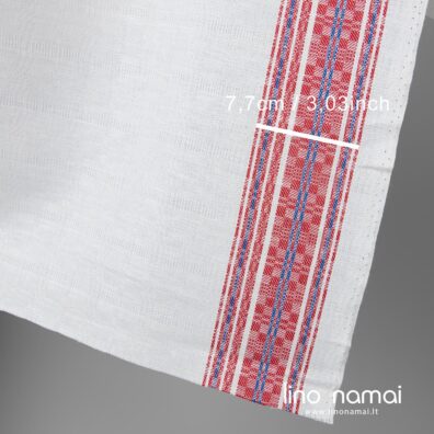Lino - medvilnės audinys baltas su raudonai mėlynomis juostomis tinka tautinėms palaidinėms, prijuostėms, staltiesėms siūti