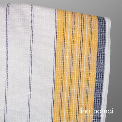 Lino - medvilnės audinys baltas „vaflinis“ su geltonais ir mėlynais dryžiais