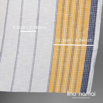 „Vaflinis“ lino - medvilnės audinys iš ryškiai baltų, geltonų ir mėlynų verpalų