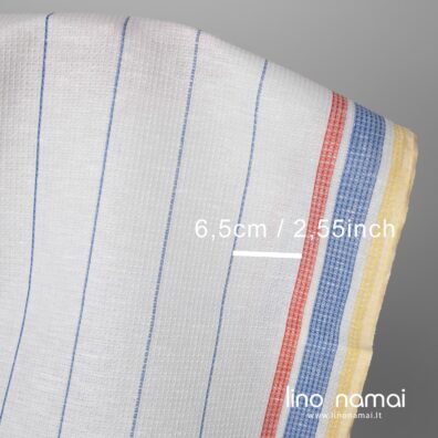 Lino - medvilnės audinys „vaflinis“ dryžuotas, išaustas iš baltų, geltonų, mėlynų ir raudonų verpalų