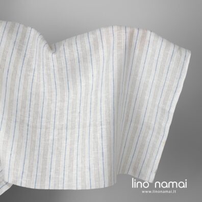 Lininis audinys baltas su mėlynais ir pilkais dryžiais