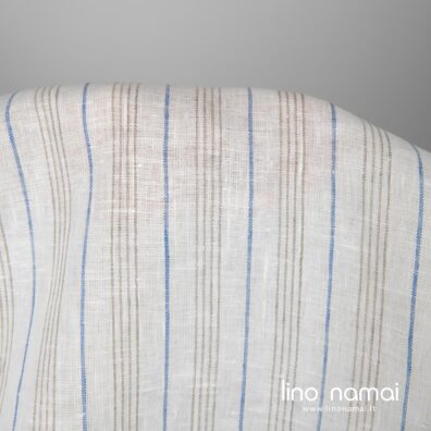 Lininis audinys baltas su mėlynais ir pilkais dryžiais 115cm pločio