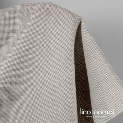 Lininis audinys pilkai baltu raštu tinka drabužiams ir namų tekstilei siūti