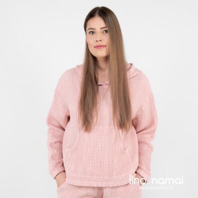 Minkštas švelnus skalbto lino-medvilnės audinio džemperis pastelinės rožinės spalvos
